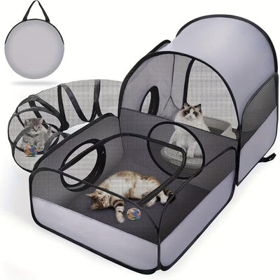 Cat Playpen, 3-in-1 Pop-up Outdoor Cat Enclosure, Gray | 2 Rooms & Tunnel, Breathable Mesh, Carry Bag, Interactive Toys, Multi-Entry Doors, Indoor & Outdoor Use for small pets