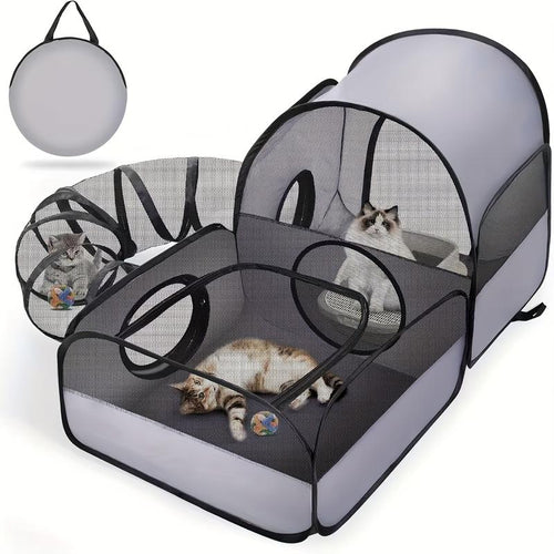 Cat Playpen, 3-in-1 Pop-up Outdoor Cat Enclosure, Gray | 2 Rooms & Tunnel, Breathable Mesh, Carry Bag, Interactive Toys, Multi-Entry Doors, Indoor & Outdoor Use for small pets
